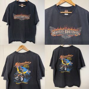 Vtg Harley Davidson Tee Double Side Flame Wings Pinup Girl Milwaukee USA Men 2XL